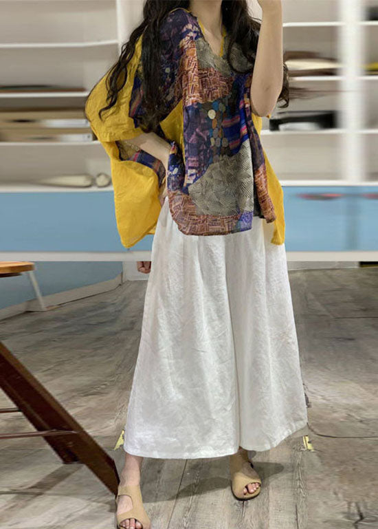 Loose Yellow V Neck Print Patchwork Linen Top Wide Leg Pants Two Pieces Set Batwing Sleeve