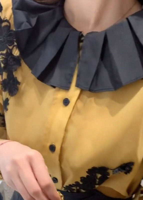 Loose Yellow Button Lace Patchwork Chiffon Shirts Lantern Sleeve