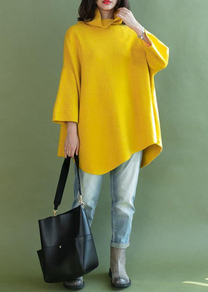 Loose Asymmetric Hem Wool High Neck Clothes for Wardrobes Yellow Shirt