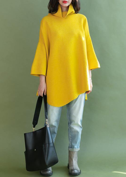 Loose Asymmetric Hem Wool High Neck Clothes for Wardrobes Yellow Shirt