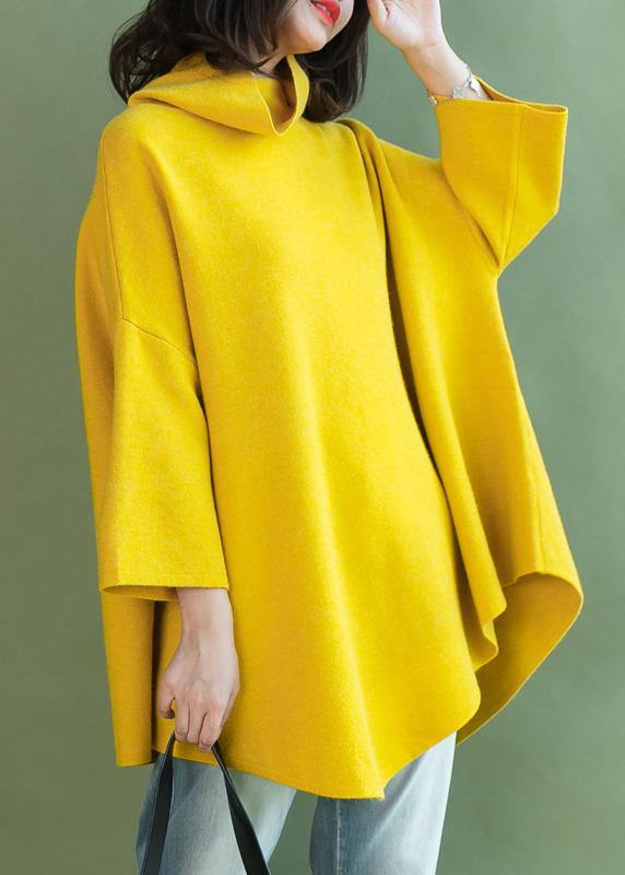 Loose Asymmetric Hem Wool High Neck Clothes for Wardrobes Yellow Shirt