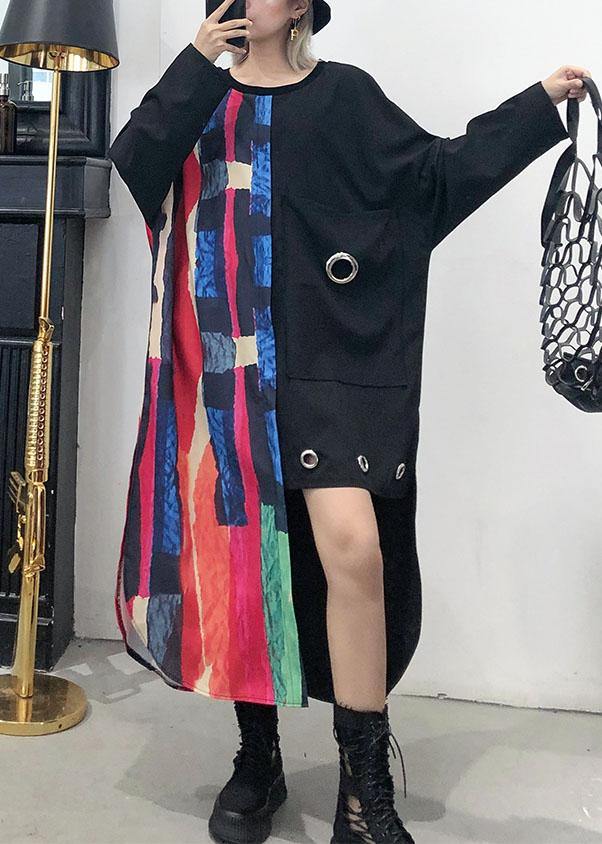 Loose Asymmetric Patchwork Cotton Quilting Clothes Sleeve Black Maxi Dress Fall
