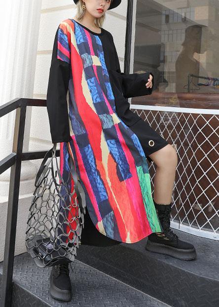 Loose Asymmetric Patchwork Cotton Quilting Clothes Sleeve Black Maxi Dress Fall
