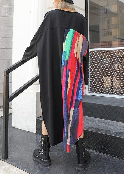 Loose Asymmetric Patchwork Cotton Quilting Clothes Sleeve Black Maxi Dress Fall