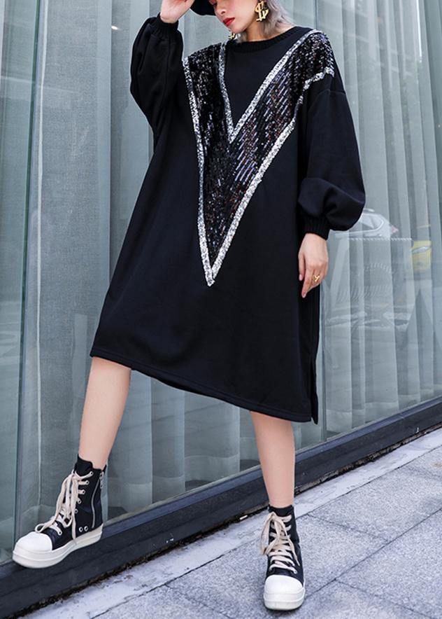 Loose Black Cotton Clothes O Neck Sequined Dresses