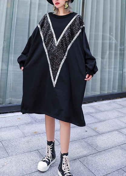 Loose Black Cotton Clothes O Neck Sequined Dresses