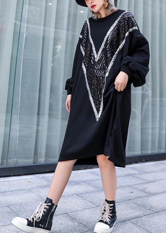 Loose Black Cotton Clothes O Neck Sequined Dresses