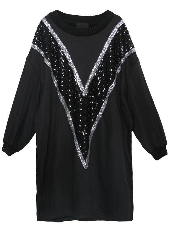 Loose Black Cotton Clothes O Neck Sequined Dresses