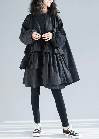 Loose Black Cotton Quilting Dresses Layered Ruffles Art Shirt Dress