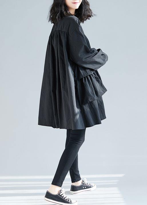 Loose Black Cotton Quilting Dresses Layered Ruffles Art Shirt Dress