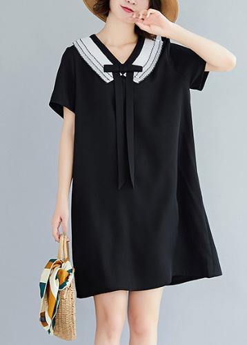 Loose Navy Blue Cotton Quilting Dresses V Neck Summer Dress