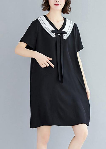 Loose Navy Blue Cotton Quilting Dresses V Neck Summer Dress