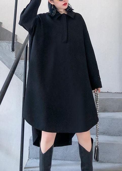 Loose Black Cotton Tunic Pattern Lapel Low High Design Art Dresses