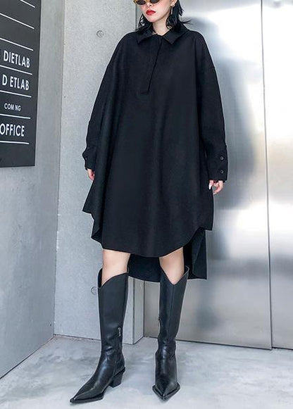 Loose Black Cotton Tunic Pattern Lapel Low High Design Art Dresses