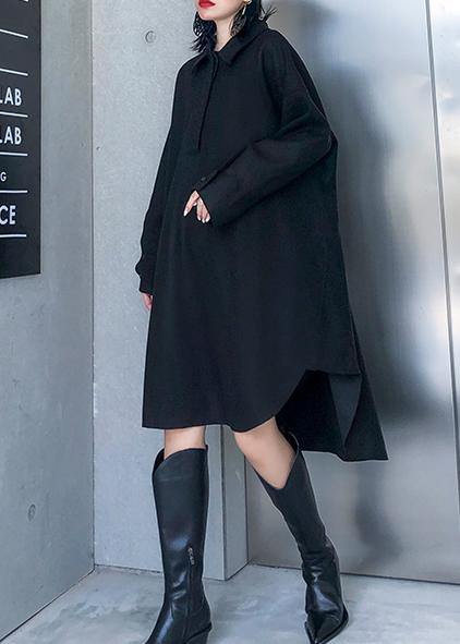 Loose Black Cotton Tunic Pattern Lapel Low High Design Art Dresses
