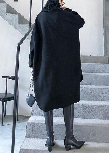 Loose Black Cotton Tunic Pattern Lapel Low High Design Art Dresses