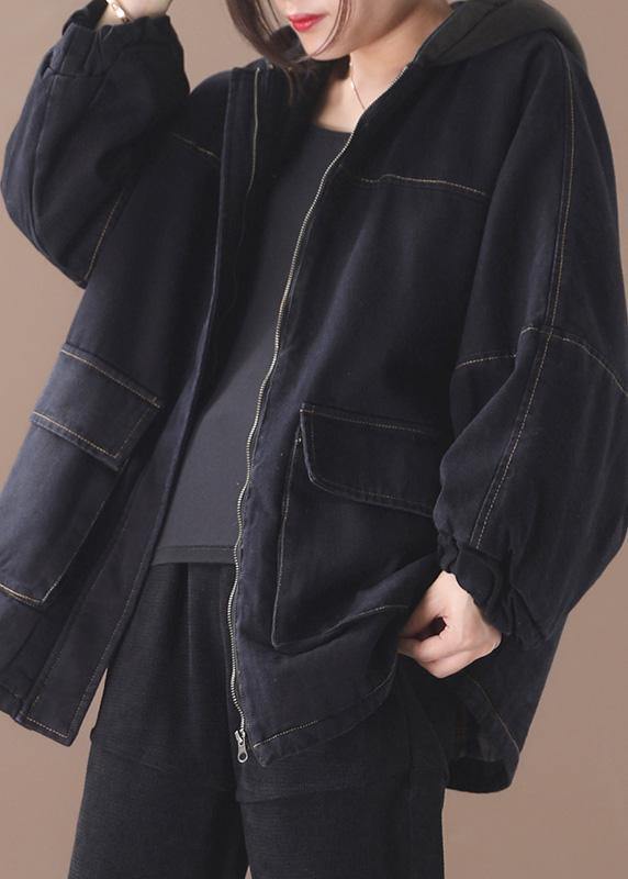 Loose Black Fine Clothes for Sewing Two Pockets Patchwork Hooded Outwear