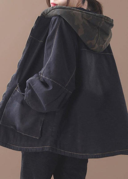 Loose Black Fine Clothes for Sewing Two Pockets Patchwork Hooded Outwear