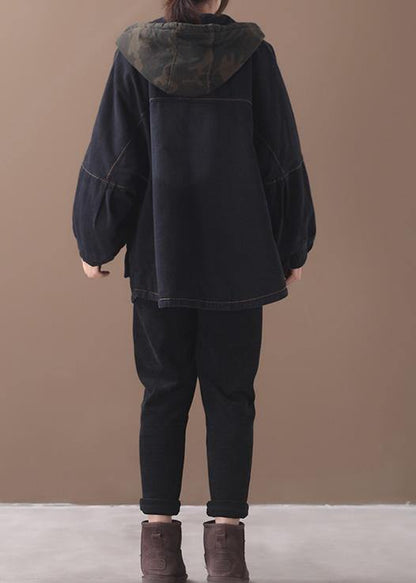 Loose Black Fine Clothes for Sewing Two Pockets Patchwork Hooded Outwear