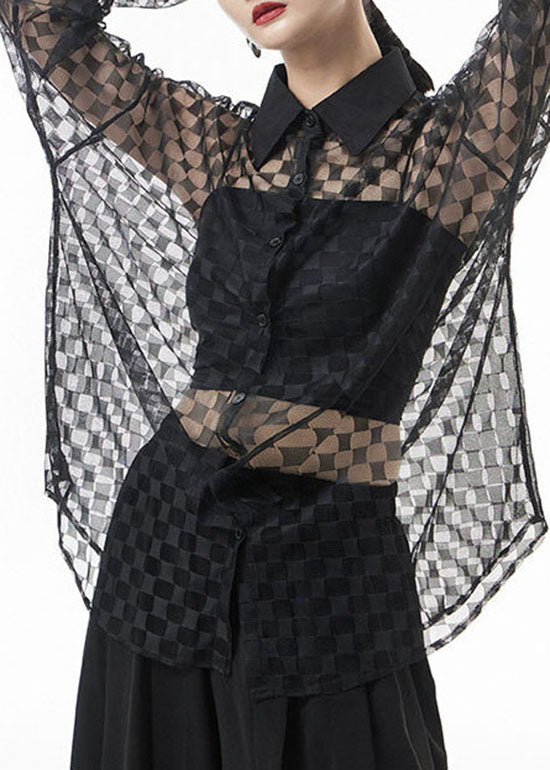 Loose Black Hollow Out Peter Pan Collar Plaid Patchwork Lace Shirts Spring