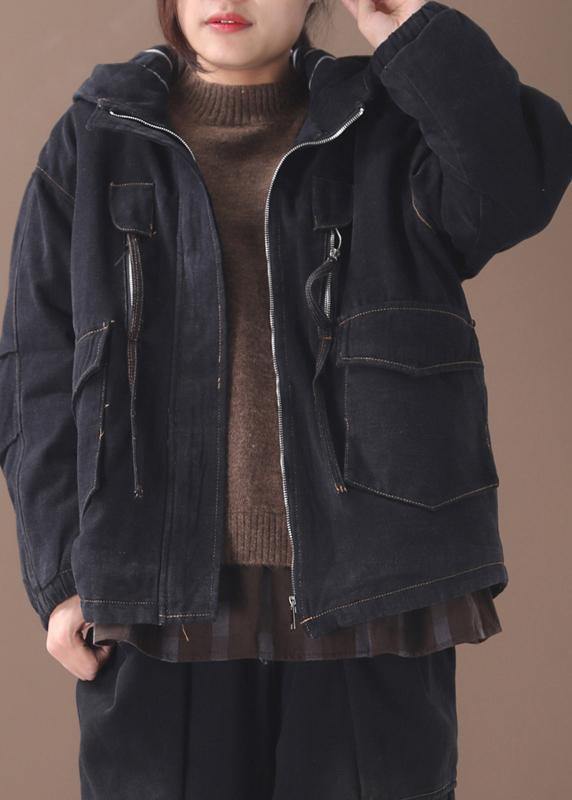 Loose Black Clothes Design Hooded Zippered Pockets Coats
