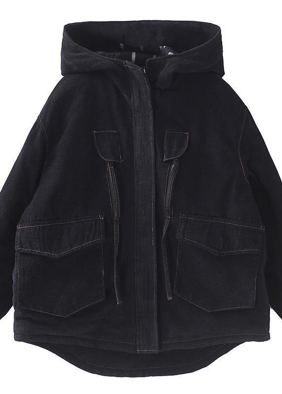 Loose Black Clothes Design Hooded Zippered Pockets Coats
