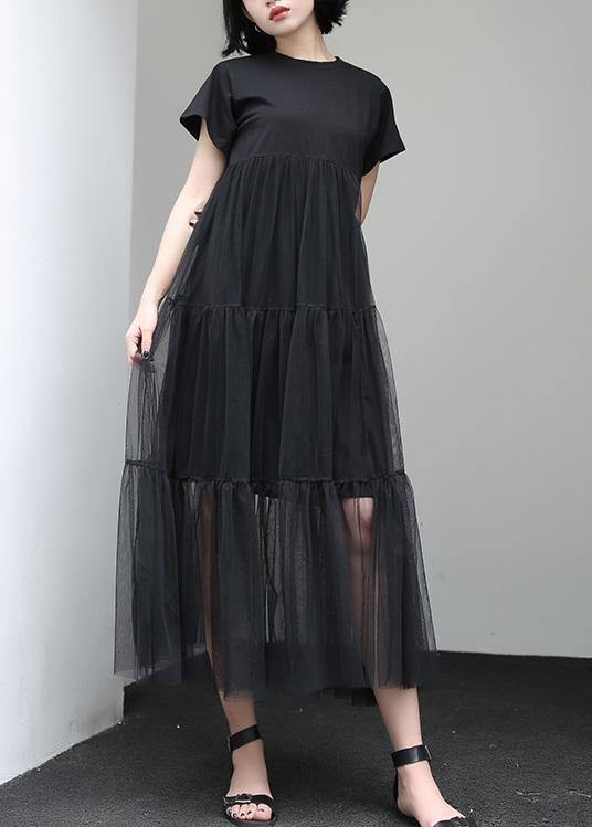 Loose Black Cotton Tunic Asymmetric Patchwork a Line Summer Dress