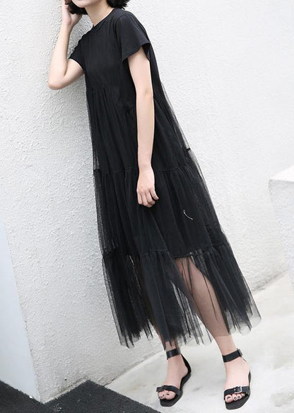 Loose Black Cotton Tunic Asymmetric Patchwork a Line Summer Dress