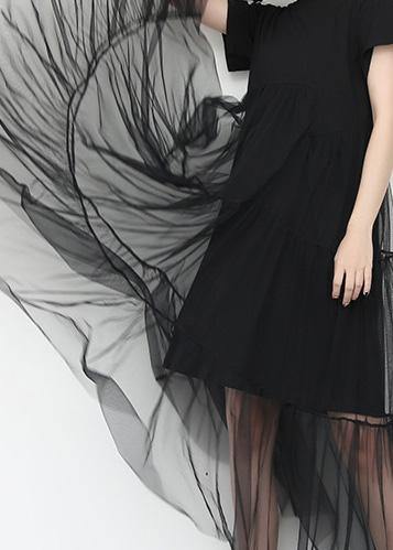 Loose Black Cotton Tunic Asymmetric Patchwork a Line Summer Dress