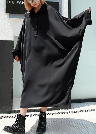 Loose Black Cotton Tunic Lapel Collar Long Summer Dresses