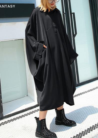 Loose Black Cotton Tunic Lapel Collar Long Summer Dresses