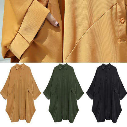 Loose Black Cotton Tunic Lapel Collar Long Summer Dresses