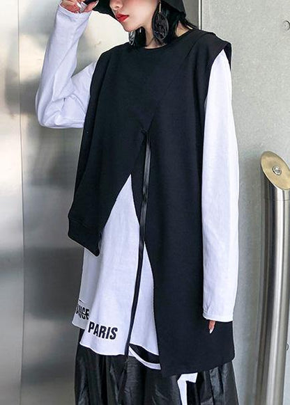 Loose Black Cotton Clothes Asymmetric Short Sleeveless Tops