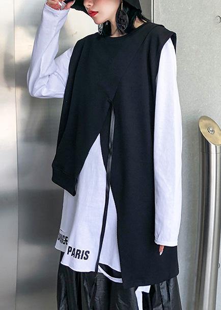 Loose Black Cotton Clothes Asymmetric Short Sleeveless Tops