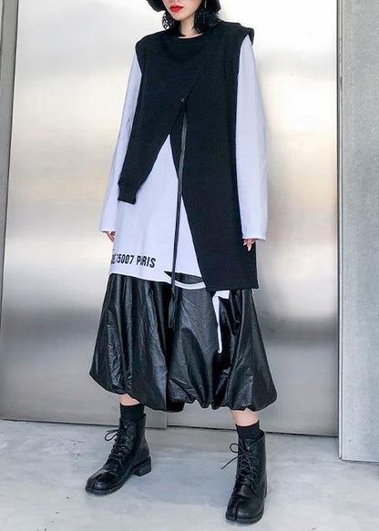 Loose Black Cotton Clothes Asymmetric Short Sleeveless Tops