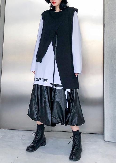Loose Black Cotton Clothes Asymmetric Short Sleeveless Tops