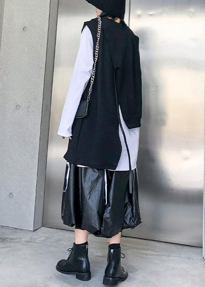 Loose Black Cotton Clothes Asymmetric Short Sleeveless Tops