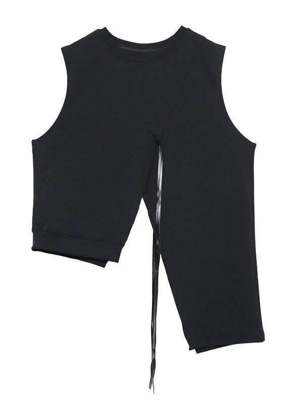 Loose Black Cotton Clothes Asymmetric Short Sleeveless Tops