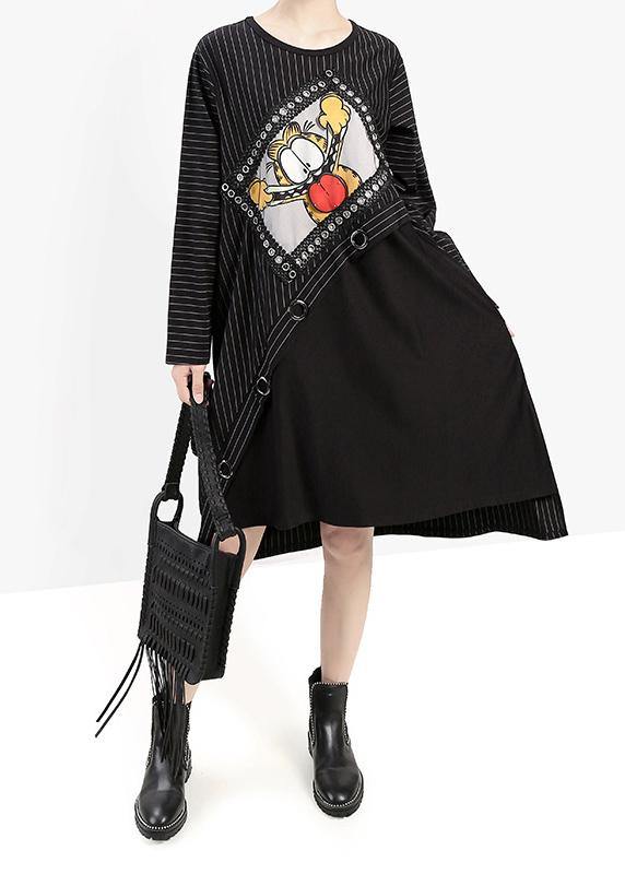 Loose Black Cotton Clothes Patchwork Cotton Cartoon Print Fall Dresses