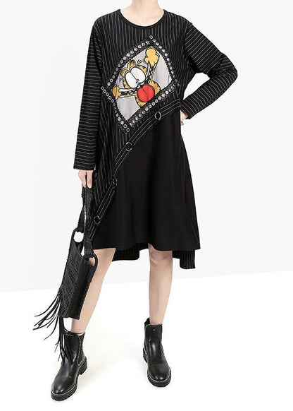 Loose Black Cotton Clothes Patchwork Cotton Cartoon Print Fall Dresses