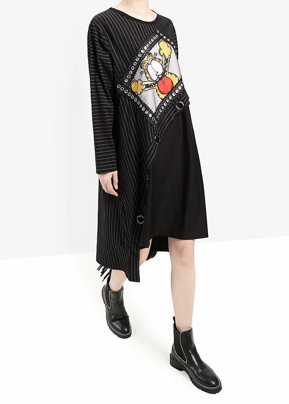 Loose Black Cotton Clothes Patchwork Cotton Cartoon Print Fall Dresses