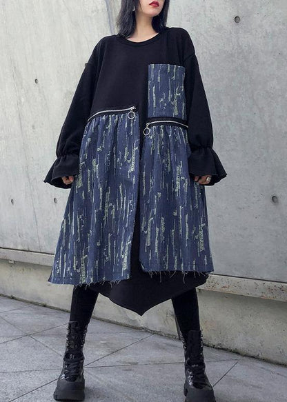 Loose Black Cotton Dresses Patchwork Thick O Neck Maxi Dress