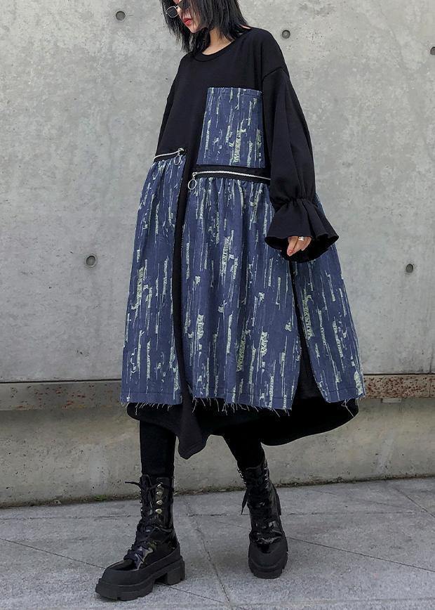 Loose Black Cotton Dresses Patchwork Thick O Neck Maxi Dress