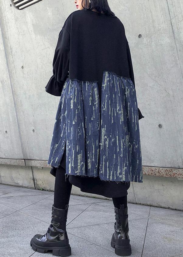 Loose Black Cotton Dresses Patchwork Thick O Neck Maxi Dress