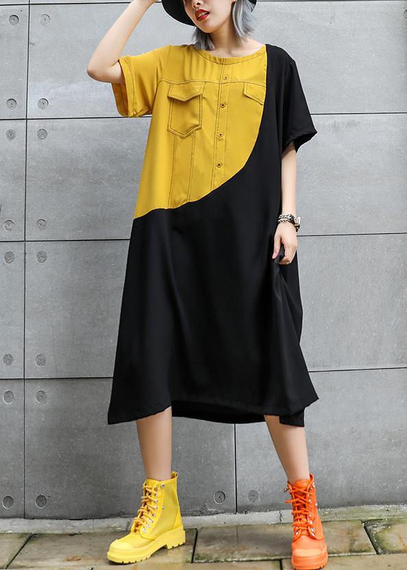 Loose Black Cotton Quilting Clothes O Neck Patchwork Robes Summer Dresses