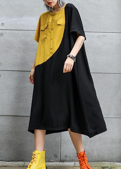 Loose Black Cotton Quilting Clothes O Neck Patchwork Robes Summer Dresses