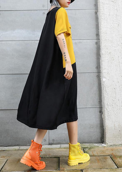 Loose Black Cotton Quilting Clothes O Neck Patchwork Robes Summer Dresses