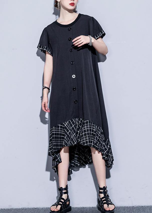 Loose Black Cotton Quilting Clothes Patchwork Plaid Hem Summer Dress