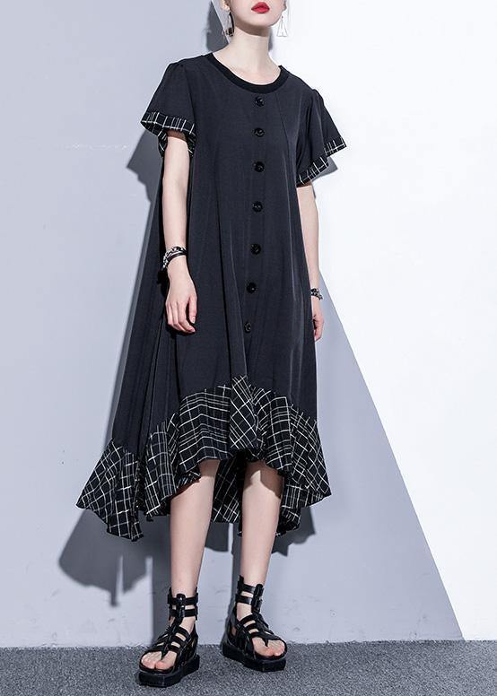 Loose Black Cotton Quilting Clothes Patchwork Plaid Hem Summer Dress