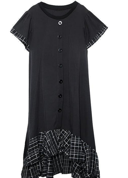 Loose Black Cotton Quilting Clothes Patchwork Plaid Hem Summer Dress
